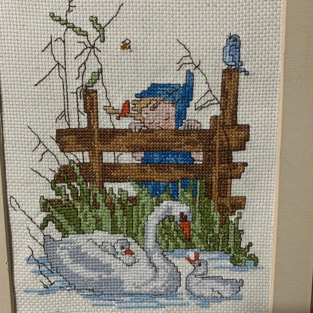 Needlepoint Art Framed Girl Swans Blue Brown Cottagecore Vintage